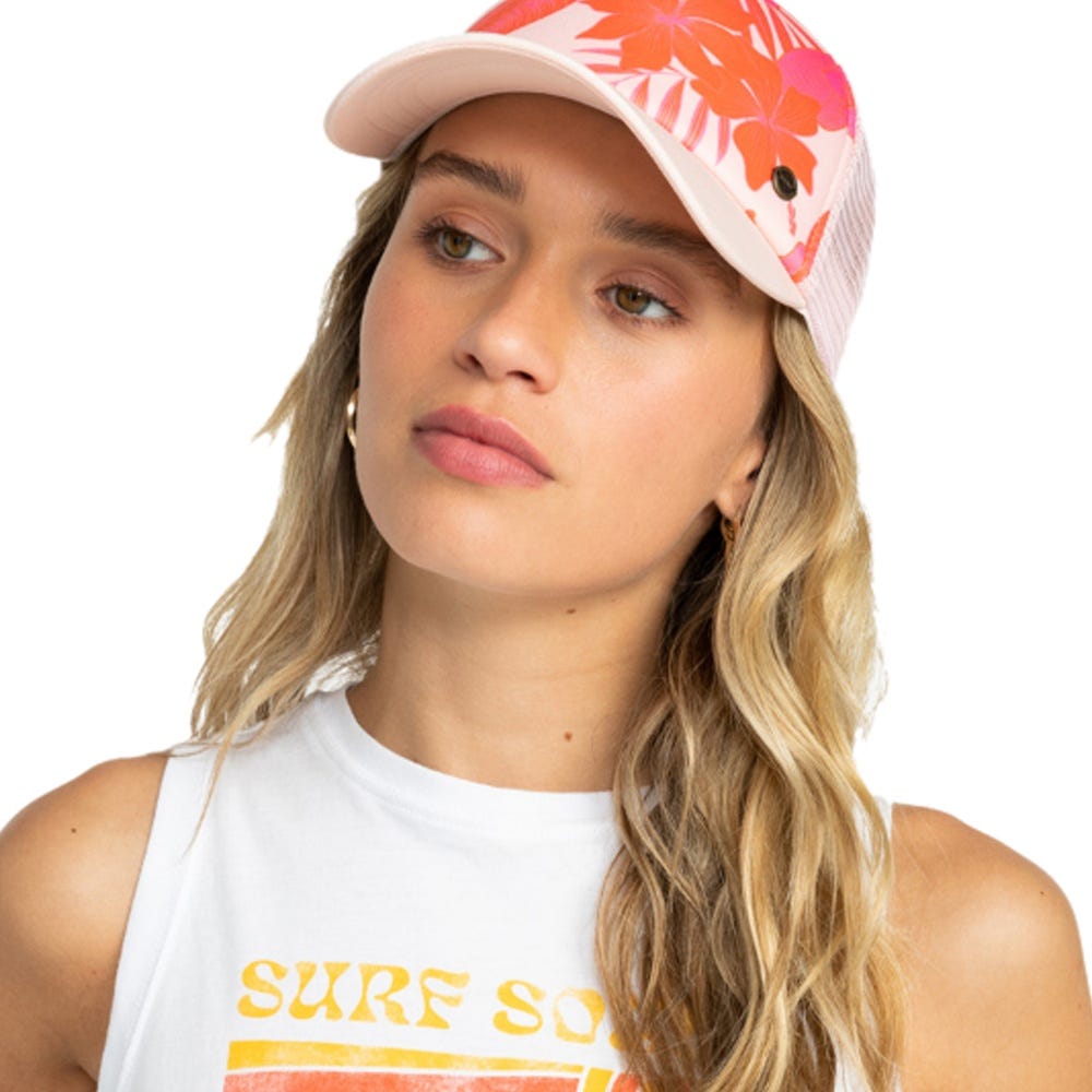 Womens Beautiful Morning Trucker Cap In Pale Dogwood Lhibiscus