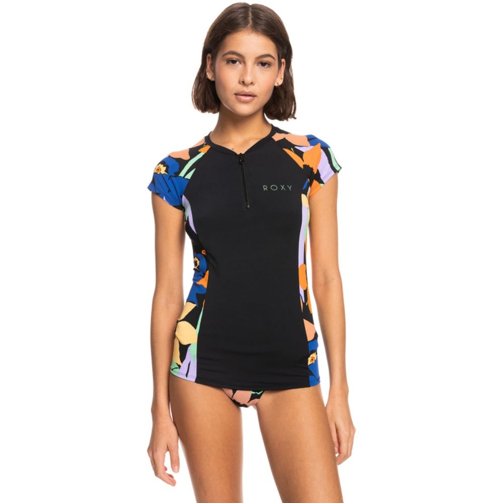 Womens Caps Sleeve Short Sleeve Zip-Up Rash Vest