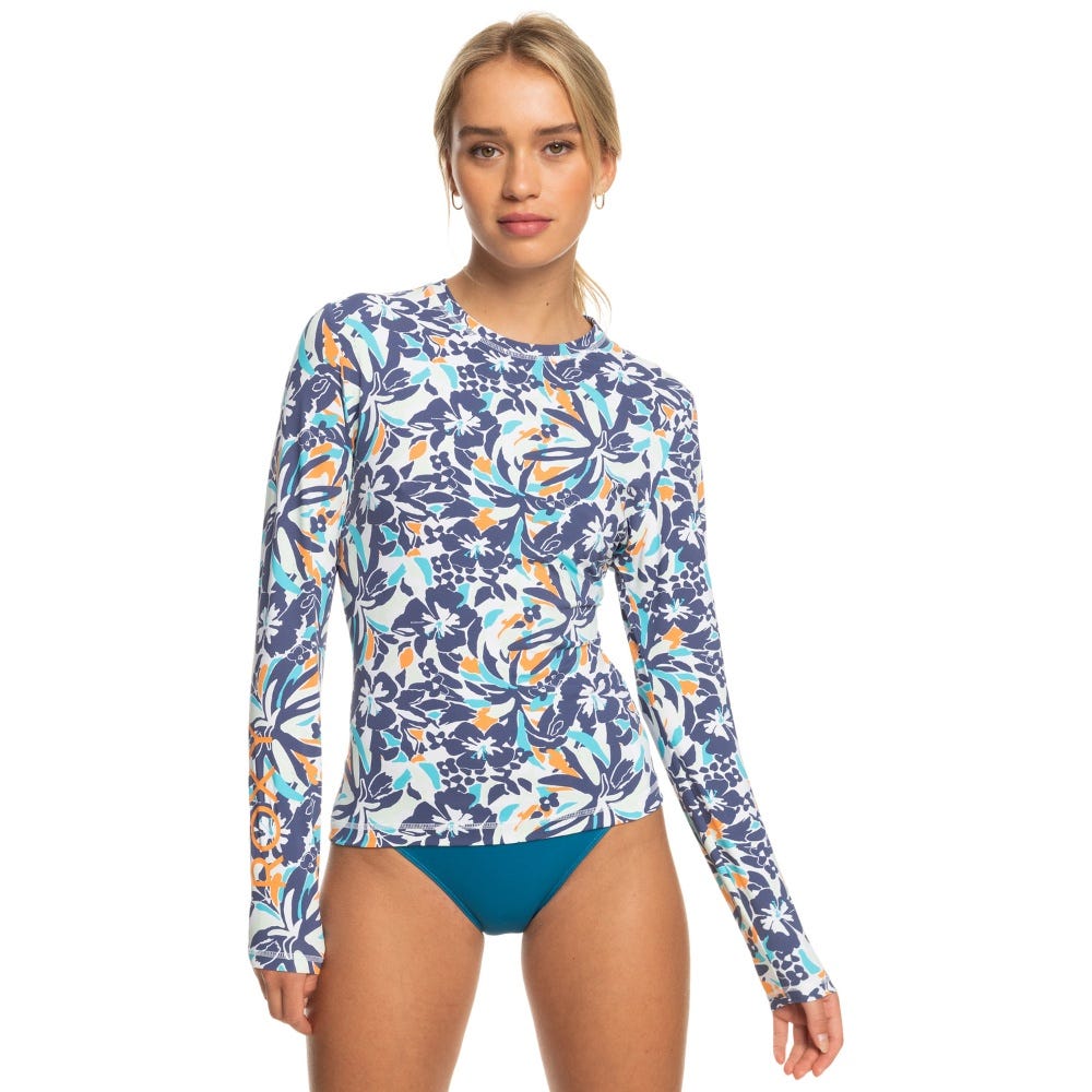 Womens Sea Skippin Long Sleeve Upf 50 Rashguard In Bijou Blue Tropical Daze